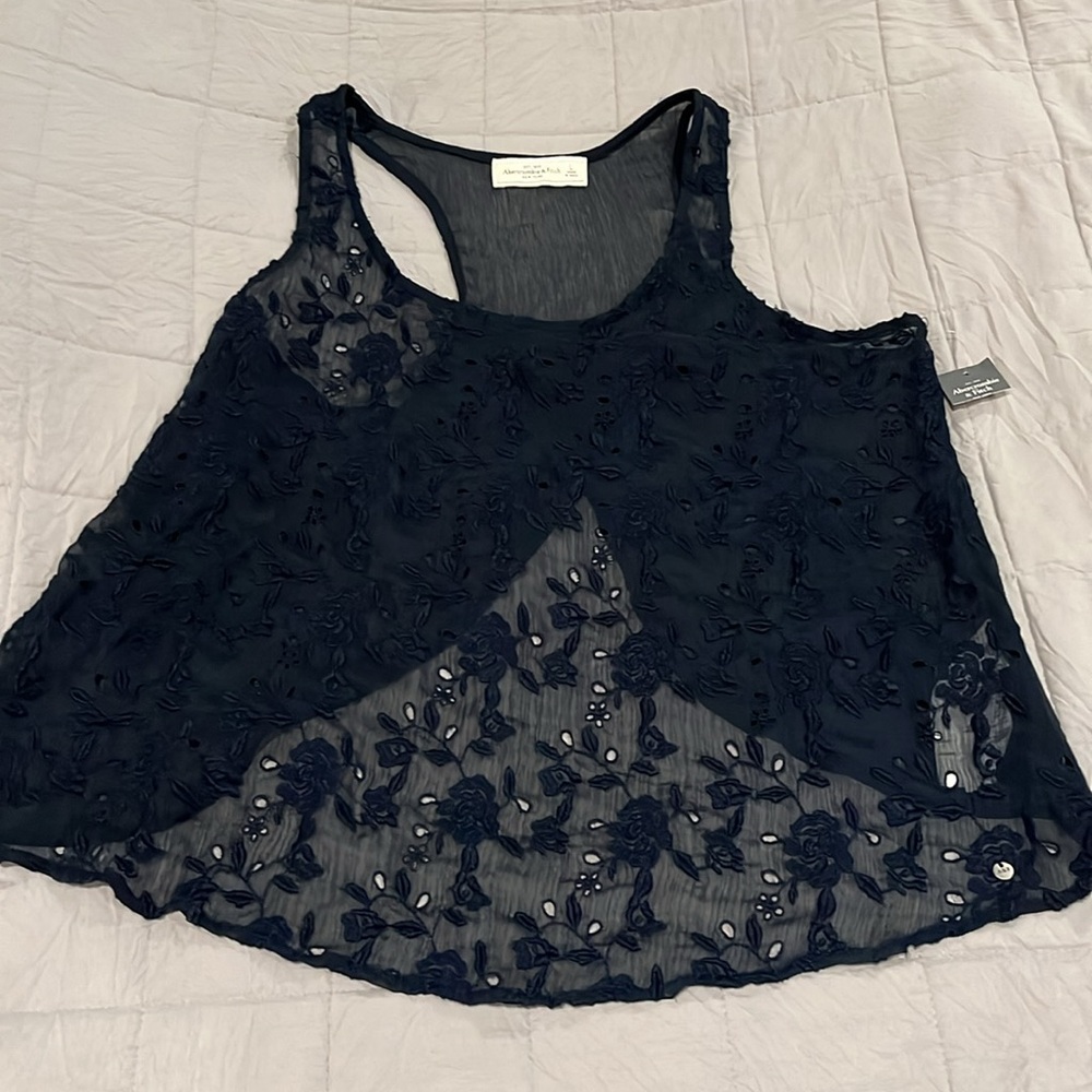 Abercrombie & Fitch navy blue sheer eyelet lace top. Great over anything L
